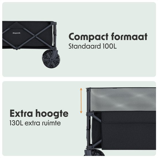 LifeGoods Wagon - Wagon pliable - 100KG - 230L - surélevé - avec housse de protection - noir