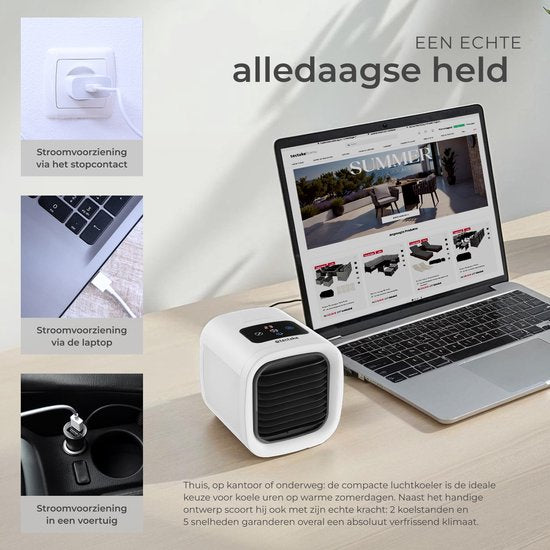 tectake® Air Cooler Frosty avec éclairage LED - 2 modes de refroidissement - 8W - Refroidisseur d'air 3-en-1 avec réservoir d'eau - Sans tuyau de vidange - Câble USB et entonnoir inclus - Mini climatiseur - Blanc