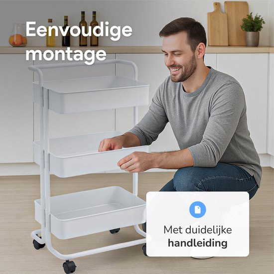 Chariot de cuisine à roulettes - 3 étages - Étagère de cuisine - Chariot de service - Armoire - Chariot - Rangement - Armoires de douche sur pied - Étagère - Blanc - Luft