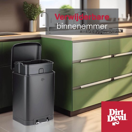 Poubelle à pédale Dirt Devil 30 litres - Mécanisme « Soft Close » - Poubelle avec bac amovible - pour la cuisine et la salle de bains - 34,5 x 32,5 x 61,5 - Acier inoxydable - Noir