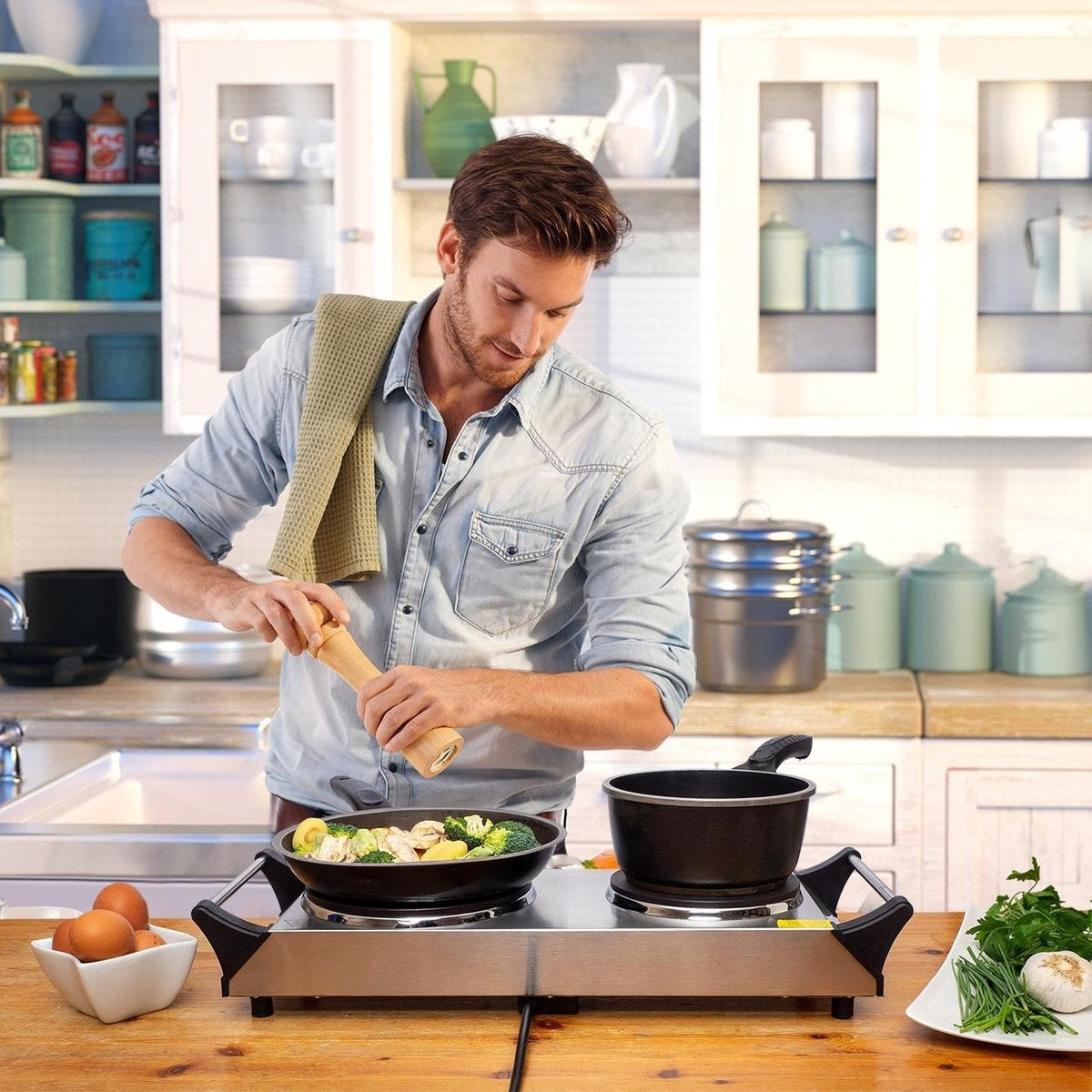 KitchenBrothers Table de cuisson électrique - 2 brûleurs - 2500W - inox