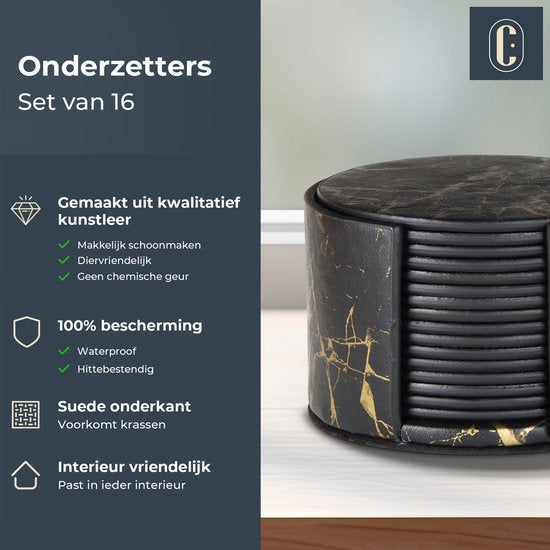 Castagnola Sous-verres en faux cuir - Sous-verres pour verres - Sous-verres design avec support - Sous-verres en cuir - Cuir - Lot de 16 - Aspect marbré - Noir/Or