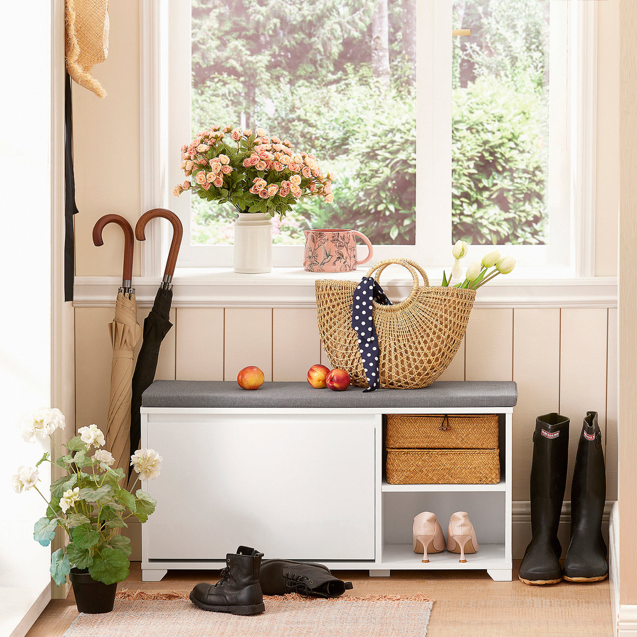 SoBuy FSR119-W Meuble à chaussures avec siège - 90 x 24 x 46 cm - Blanc/gris