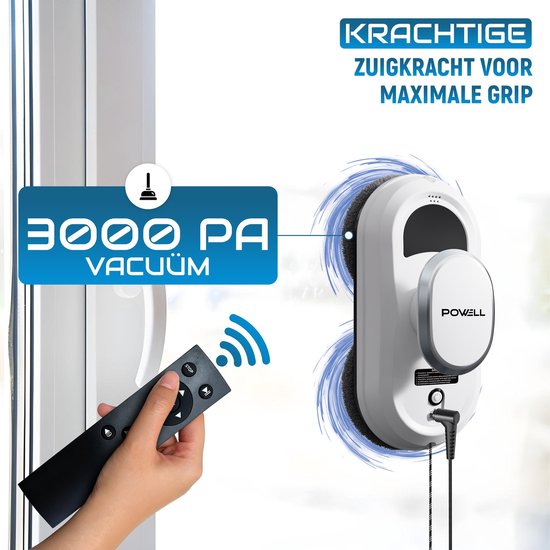 Powell Robot Lave-vitres - Nettoyeur de vitres - Essuie-vitres électrique - Aspiration forte 3000Pa - Télécommande - Blanc