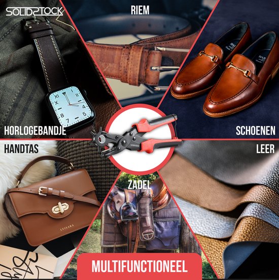 SolidStock Pince à trous pour ceinture - avec bâton de mesure - Pince à perforer - Pince revolver - Pince à trous - Rouge