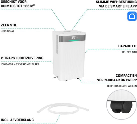 VONROC Déshumidificateur - 12L/jour - réservoir 2L - mode lavage - avec contrôle wifi - avec fonction de purification de l'air