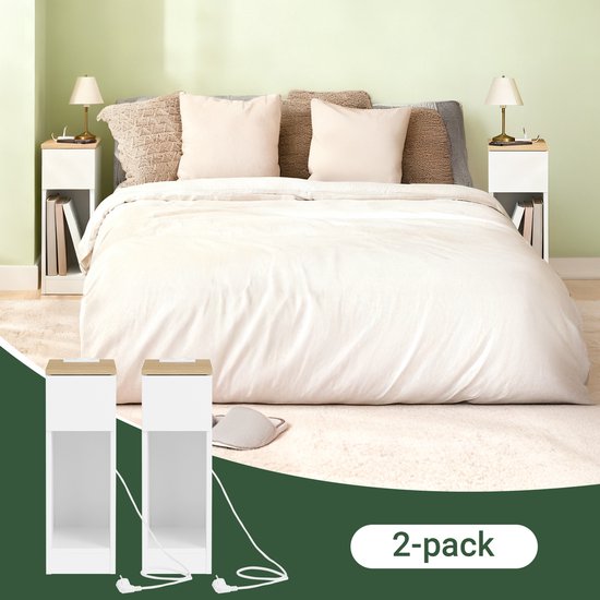 SoBuy 2-piece Slim Nightstand with Charging Station, Narrow Side Table with Standard Socket, USB Port and Type-C Port for Bedroom and Living Room, W20 x D35 x H60 cm, White, FBT111-E-WNx2 (table d'appoint étroite avec prise standard, port USB et port Type