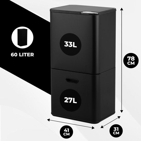 Bayt Trash Can 60 Liter - Poubelle 60 litres - Séparation des déchets - 2 compartiments - Acier inoxydable - Noir