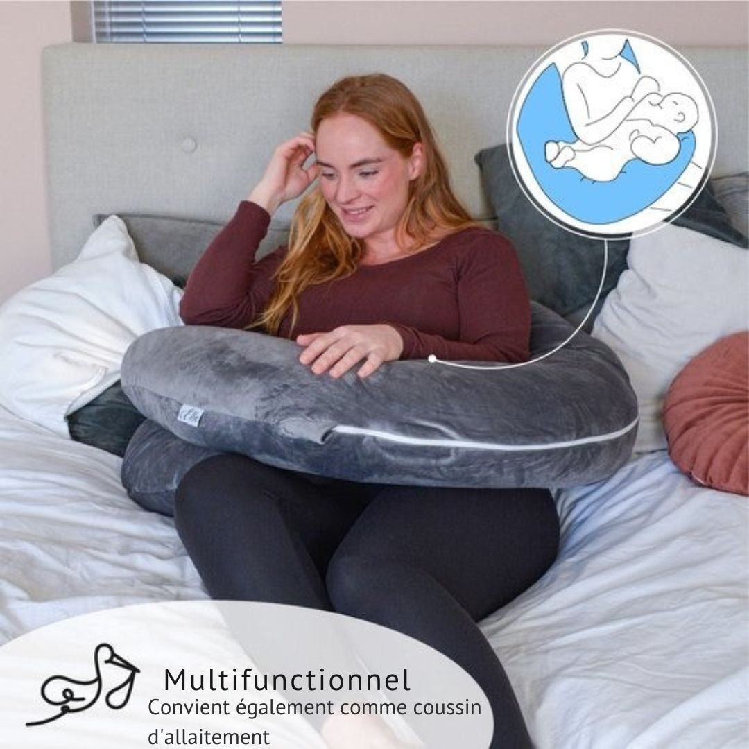 Coussin de grossesse Ella - soie - Coussin de corps - Housse amovible en polaire Minky - 150x70cm - Gris