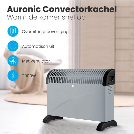 Auronic Convecteur électrique - 750/1250/2000 Watts - Avec ventilateur - Chauffage - Radiateur à ventilateur - Gris