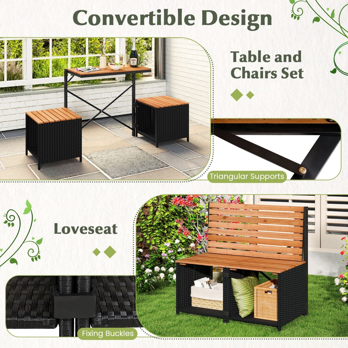 Coast : banc de jardin et table de pique-nique 2-en-1 - meuble de balcon modulable - avec espace de rangement - noir/naturel