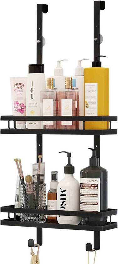 Goliving Support de douche - Support de douche sans perçage - 74 x 35 cm - Support de douche suspendu - acier inoxydable - Deux couches - Noir