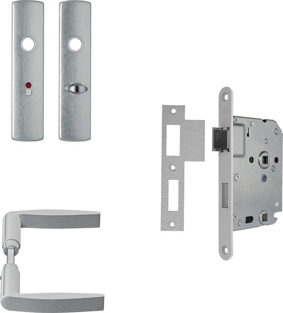 AXA Ensemble de quincaillerie pour porte intérieure (Curve Click) Aluminium poli : Poignée (modèle Curve) sur bouclier pour toilettes/salle de bains TL63-8 et serrure avec têtière blanche