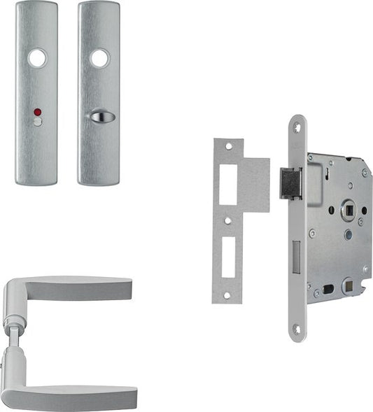 AXA Ensemble de quincaillerie pour porte intérieure (Curve Click) Aluminium poli : Poignée (modèle Curve) sur bouclier pour toilettes/salle de bains TL63-8 et serrure avec têtière blanche