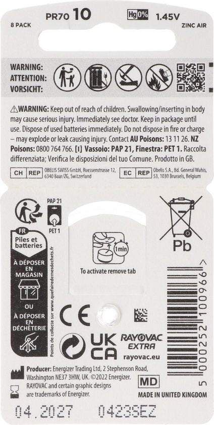 Piles auditives Rayovac - 105 mAh - 1,45 V - 7,7x5,2mm - 8 pièces