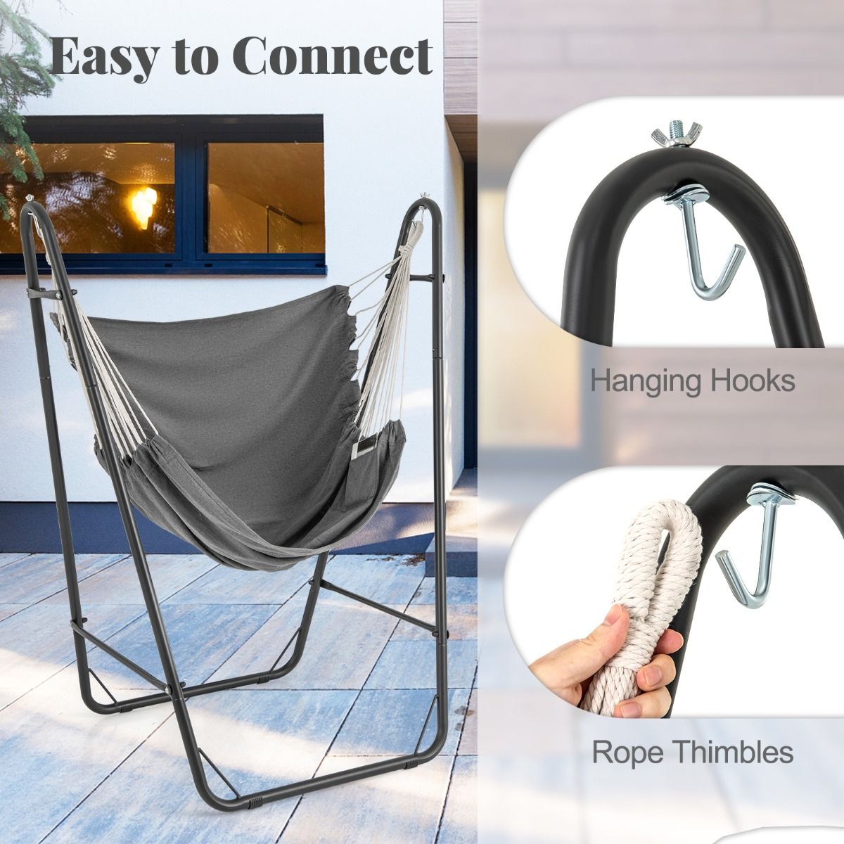 Fauteuil suspendu Coast avec support - Assise en coton et polyester - Poches latérales - Gris - 130 x 87 x 161 cm