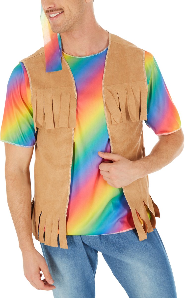 Dressforfun - Costume homme Hippie Peace - T-shirt en jersey élastique, pantalon à pattes d'éléphant, gilet à franges et bandeau - Taille XL
