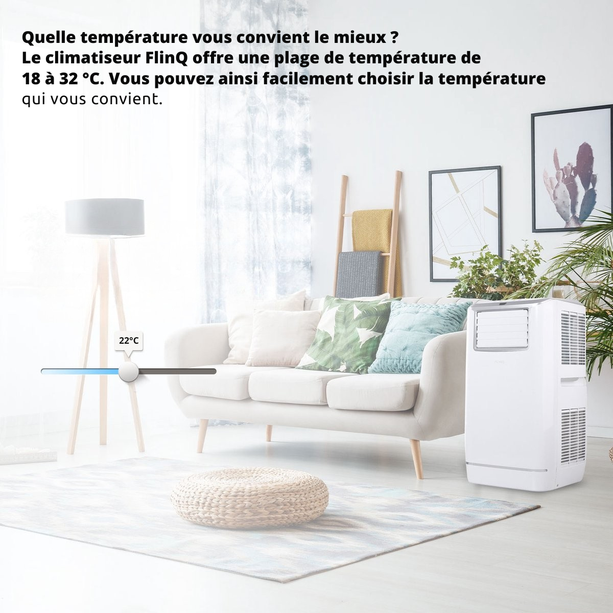 Climatiseur Mobile Intelligent FlinQ avec Tuyau de Drainage – 13 000 BTU – Fonction Sommeil Silencieux – Rafraîchit jusqu’à 50 m² – Avec Application et Télécommande – 41,5 x 41,8 x 79 cm – Blanc
