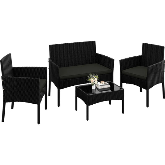 Yaheetech Garden Set Lounge Set 4-Piece - 100 x 59.5 x 83.5 cm - Equipé d'un plateau de table en PE-Rattan tressé à la main et de coussins lavables - Pour le jardin et le balcon - Polyéthylène noir et métal
