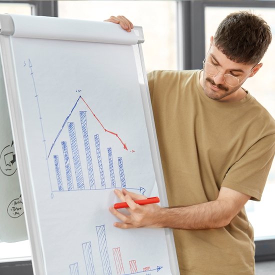 BRASQ Flipchart Mobile Deluxe - 70x100 cm - Tableau blanc ajustable - 25 feuilles de papier et accessoires inclus - avec bras extensibles - Tableau magnétique avec crochets - Tableau magnétique - Blanc