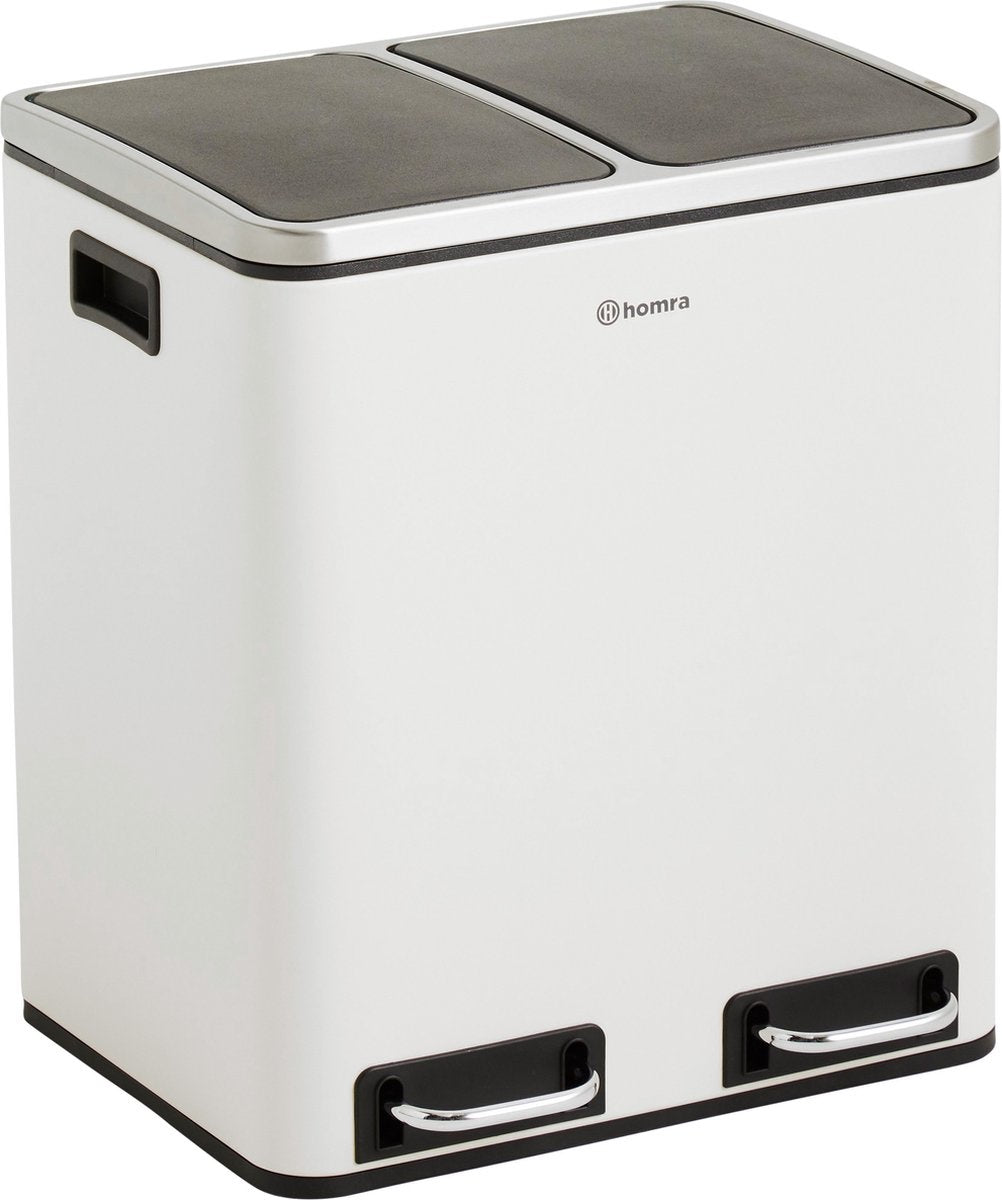 Homra BLINQ Afvalscheiding prullenbak met 2 vakken - 2 x 15 L inhoud - Duo pedaalemmer Crème Wit - Afvalemmer 30 Liter - Recycle Afvalbak - Witte Afvalscheidingsprullenbak - Hygiënisch Afval Scheiden - Keuken Vuilbak - Kantoor
