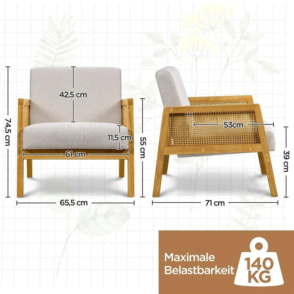 Fauteuil Yaheetech 65,5 x 71 x 74,5 cm - Beige - Fauteuil de salon rembourré avec accoudoirs en rotin