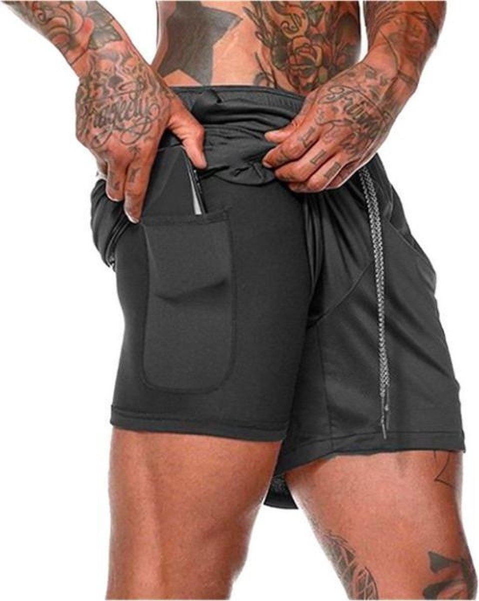 MW® - Pantalon de sport pour homme - Pantalon de fitness - Pantalon de course - Vêtements de sport - Short 2 en 1 - (Noir - L)