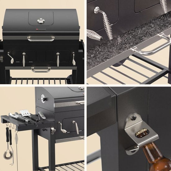KitchenBrothers Barbecue au charbon de bois XL - Barbecue fumoir à deux zones - Avec grilles à charbon réglables et tables latérales rabattables - Sans PFAS - Surface de cuisson de 42,3 x 75,8 cm - Noir