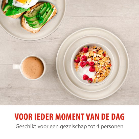 alpina Service de table 16 pièces - Ensemble d'assiettes 4 personnes - Vaisselle en faïence - Assiettes à déjeuner, assiettes à dîner, bols et tasses - Résiste au micro-ondes et au lave-vaisselle - Crème