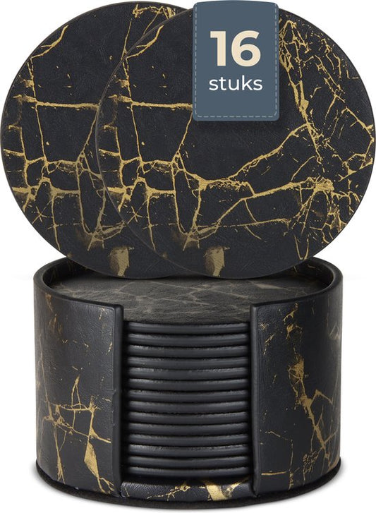 Castagnola Sous-verres en faux cuir - Sous-verres pour verres - Sous-verres design avec support - Sous-verres en cuir - Cuir - Lot de 16 - Aspect marbré - Noir/Or