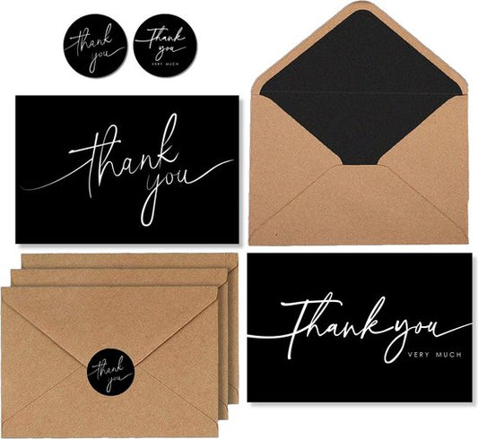 Partizzle 100x Cartes de remerciement avec enveloppes - Cartes de remerciement - Cartes postales - Set de cartes avec autocollants - 15x10 cm - Noir