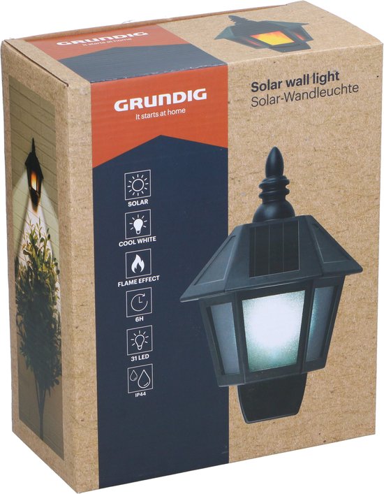 Applique murale LED Grundig Solar à effet flamme et lumière blanche froide - 2 modes - Alimentation solaire - IP44 - 6 à 8 heures