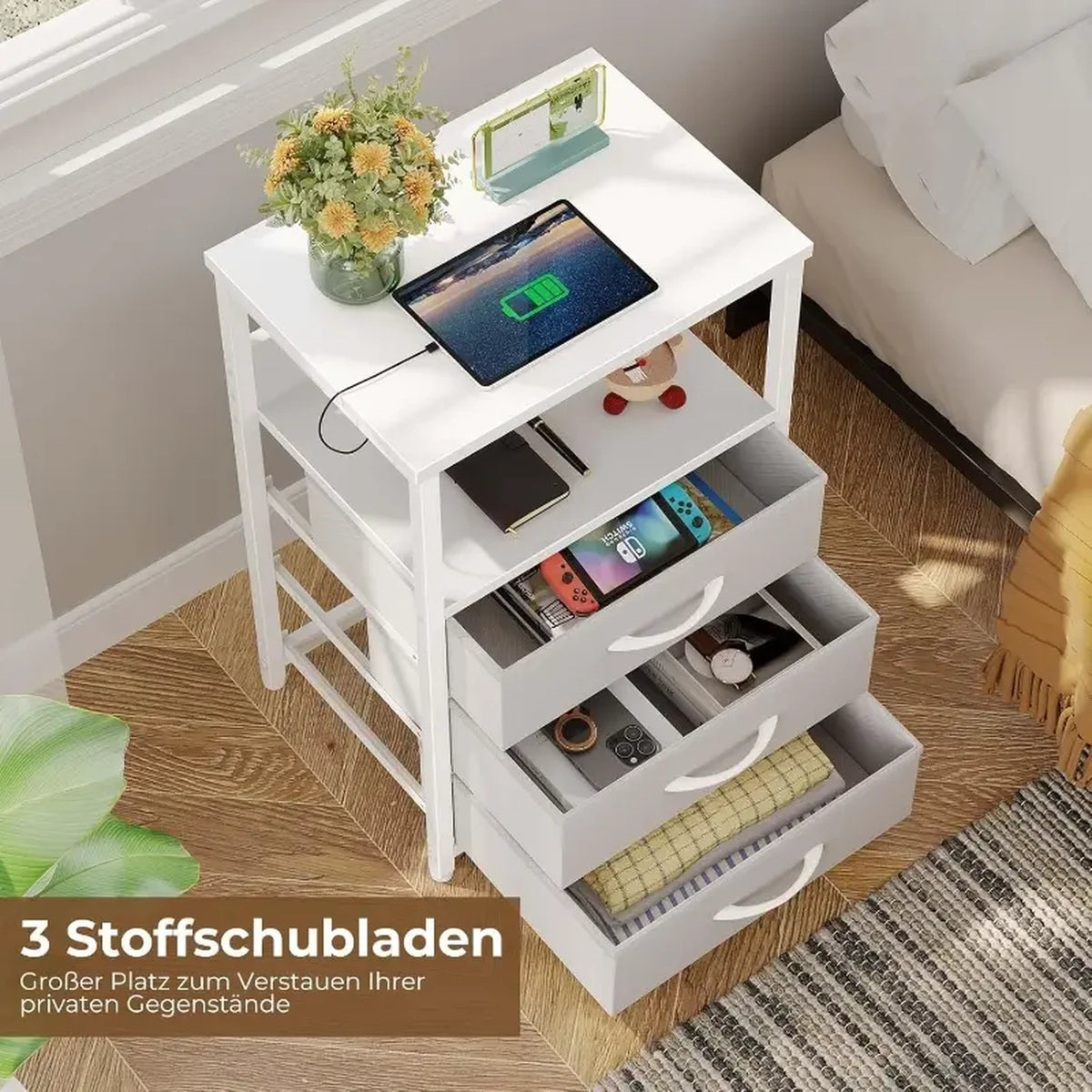 Table d'appoint Seventable avec tiroirs en tissu - Prise électrique et éclairage intégrés - Blanc mat