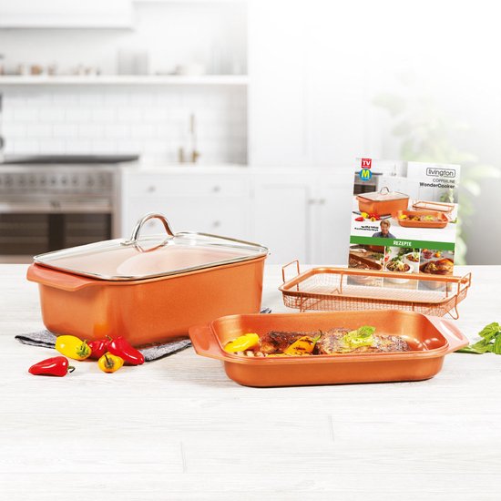 Livington Copperline WonderCooker - Set de cuisine 14 en 1 - cocotte, poêle à griller, mijoteuse et plus encore - Set de cuisine compatible avec tous les types de cuisinières, y compris à induction