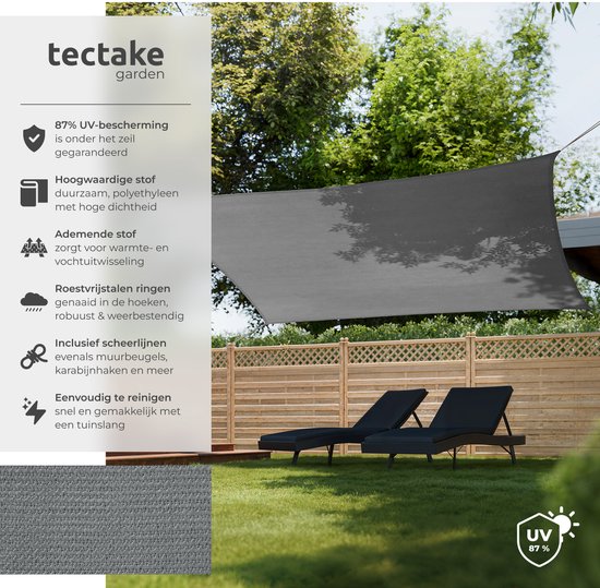 tectake® Toile d'ombrage rectangulaire Sunny - 4 x 6 m - Toile de protection solaire ultra-résistante en HDPE, 185 g/m² - Protection UV 50+ - Résistante aux intempéries et aux déchirures - Pare-soleil pour jardin, balcon, terrasse - Toile de protection so