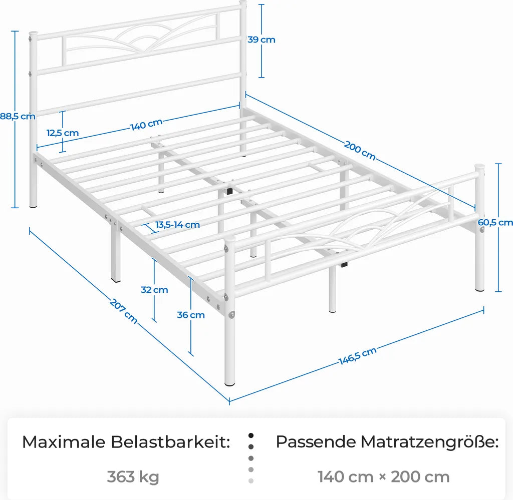 Yaheetech Cadre de lit 140 × 200 cm - Métal blanc - Avec tête et pied de lit en forme de nuage et espace de rangement de 32 cm