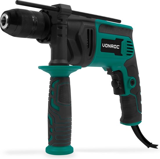 VONROC PRO Perceuse à percussion 850W - Ø13mm - mandrin métallique à action rapide - vitesse variable - câble caoutchouc 3m - Butée de profondeur et poignée additionnelle incluses