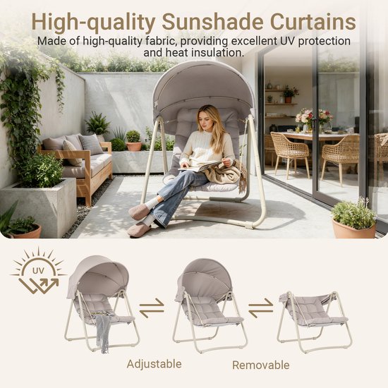 SoBuy OGS62-MI Fauteuil à bascule avec parasol réglable - Pour l'intérieur et l'extérieur - Hamac et chaise de jardin d'extérieur - beige, 108 x 126 x 163 cm