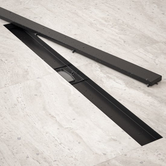 Caniveau de douche - 90 cm - Noir mat - Grille en carrelage - Acier inoxydable - Avec bride