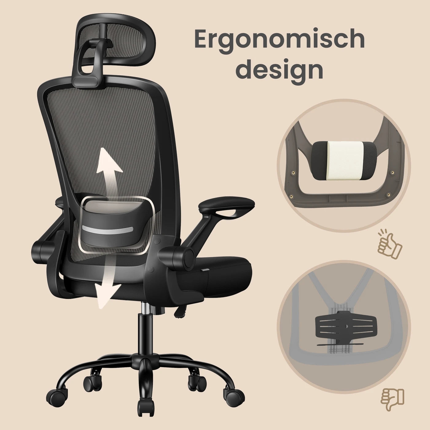 Chaise de bureau ergonomique Joyfurnos en maille - Soutien lombaire et appui-tête réglables - Fonction d'inclinaison - 64 x 64 x 115-130 cm - Noir d'encre