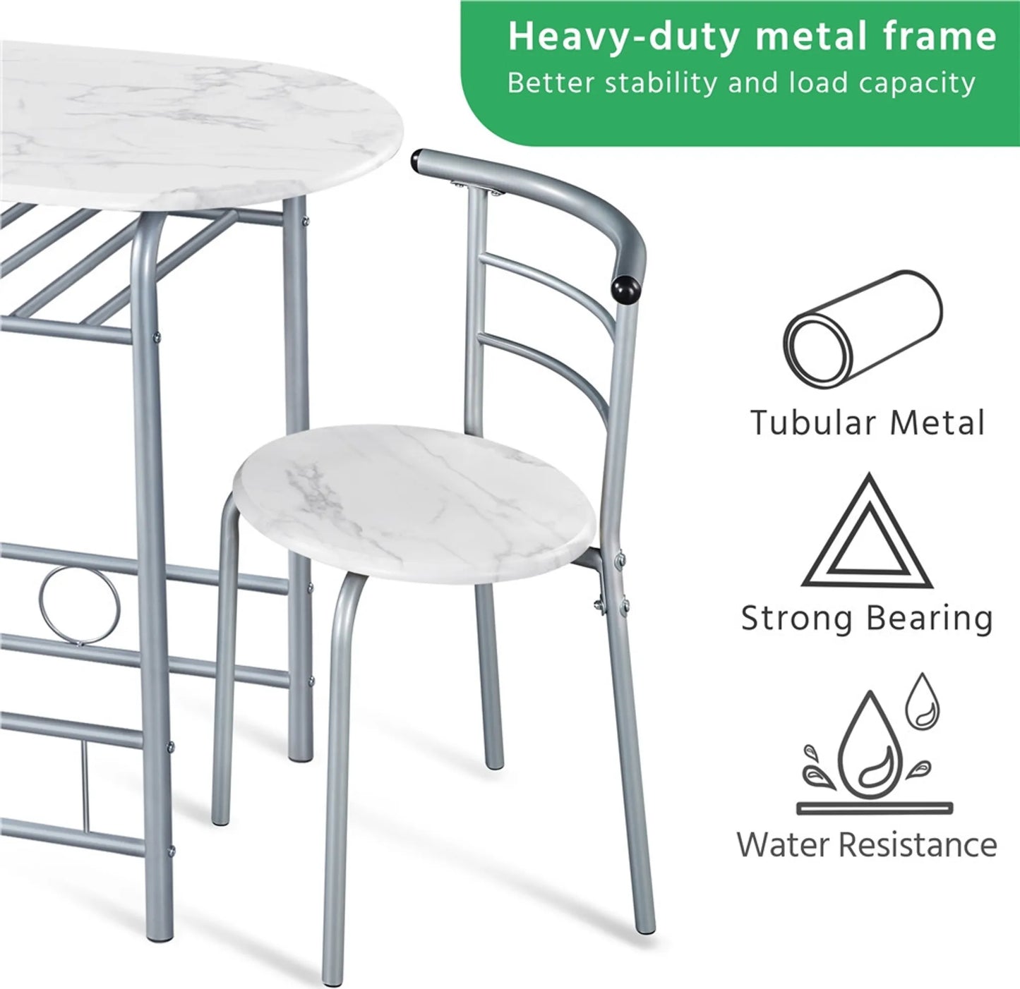 Yaheetech Table de salle à manger 3 pièces - avec rangement sous le plateau et deux chaises avec dossier et design peu encombrant - pour cuisine et balcon - Mdf blanc et métal - 90 x 53 x 75.5 cm