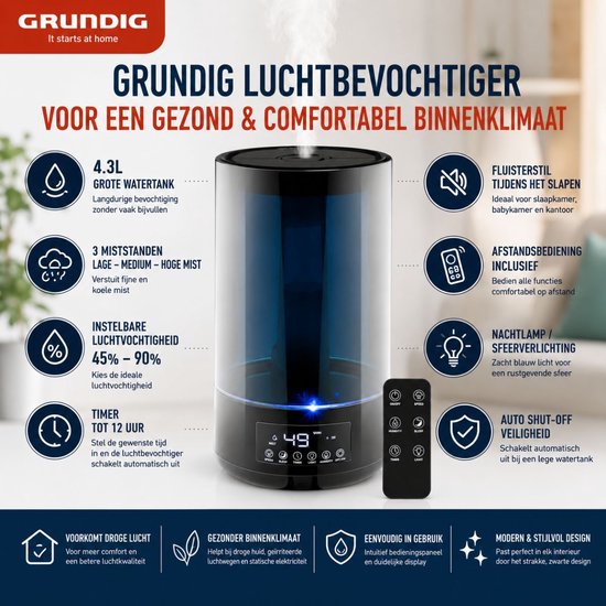 Humidificateur Grundig HD-1903A - Humidificateur à ultrasons 4,3 L - avec minuterie et veilleuse - Télécommande incluse - Noir