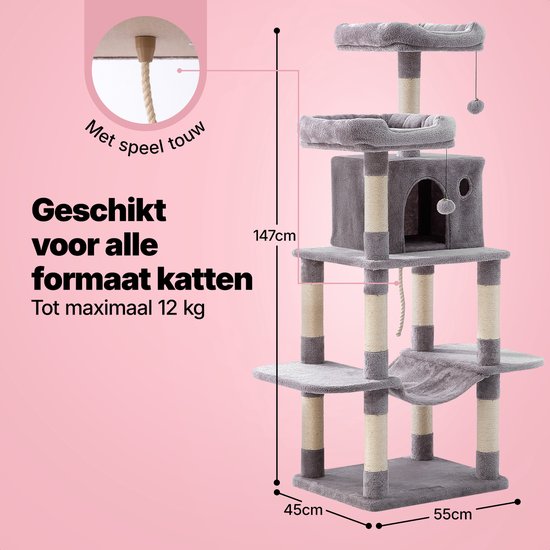 Jake et Jacky : Arbre à chat - Arbre à chat - Meuble à griffer - Arbre à chat - Arbres à chat - Maison pour chat - Gris clair - 147 cm de haut