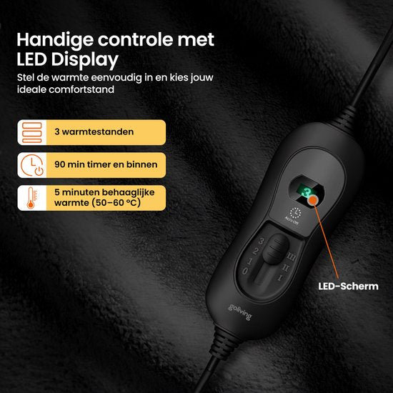 Couverture électrique Goliving pour le dos et la nuque - Couverture chauffante électrique - 3 niveaux de chaleur - Fonction minuterie - Lavable en machine - 100 W - 60 x 90 cm - Micro Plush - Noir