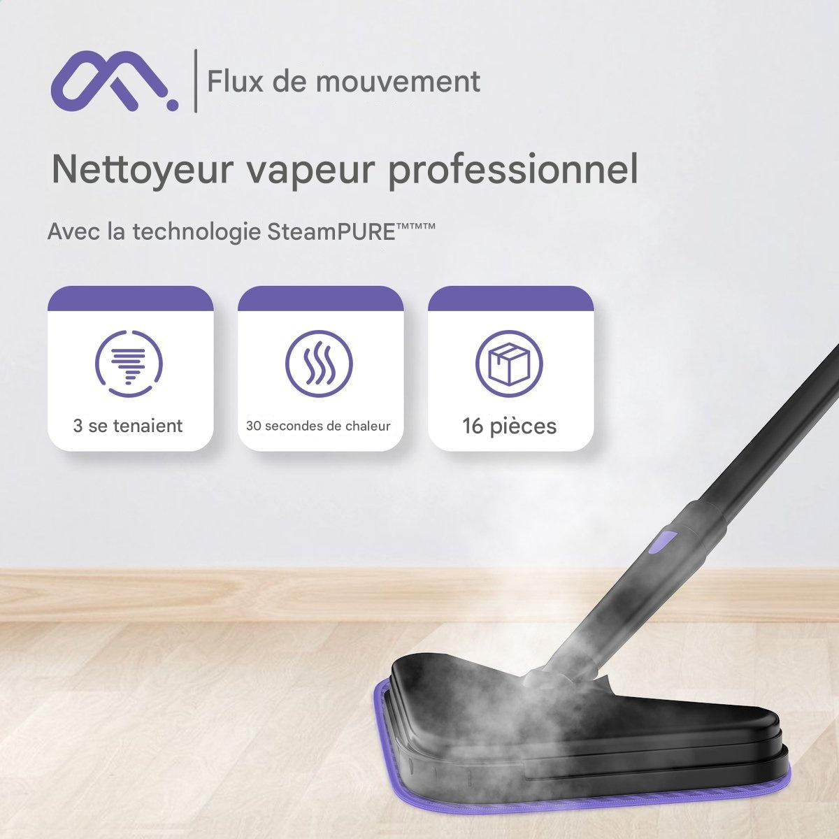Nettoyeur vapeur - Motionflow - 16 en 1 - Balai vapeur - Nettoyage en profondeur multi surface - Noir