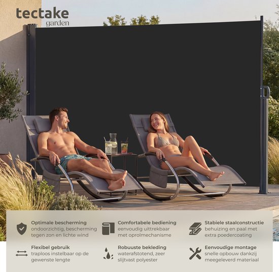 tectake® Pare-vent télescopique avec mécanisme d'enroulement - 300 x 200 cm - Auvent latéral avec armature en aluminium - Pare-soleil - Pare-vue de jardin - Pare-vue noir pour balcon - Pare-vue opaque - Toile de store
