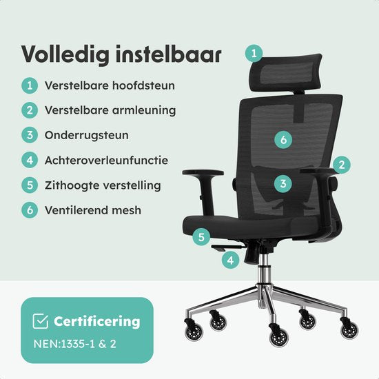 LifeGoods Chaise de bureau ergonomique - avec roulettes anti-rayures supplémentaires - Chaise de bureau - certifiée NEN et SGS - Adultes - Appui-tête - Noir/Chrome