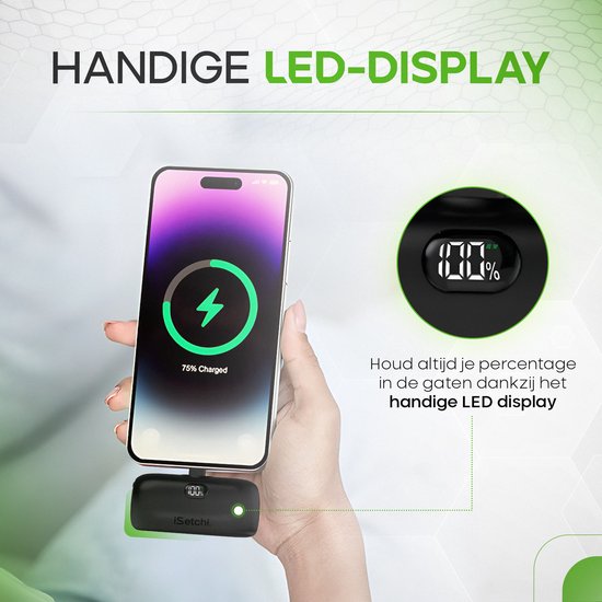 iSetchi Mini Powerbank 5000 mah - Taille compacte - Batterie externe - Câble intégré - Pack d'urgence - Câble Lightning - Affichage LED - Convient à l'iPhone - Noir