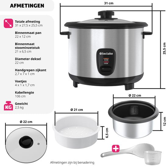 tectake® Rice Cooker - Cuiseur vapeur et rice maker avec insert vapeur - Marmite de cuisine grand volume 1,8L - Jusqu'à 10 portions de riz gluant, de riz complet ou de riz pour sushi