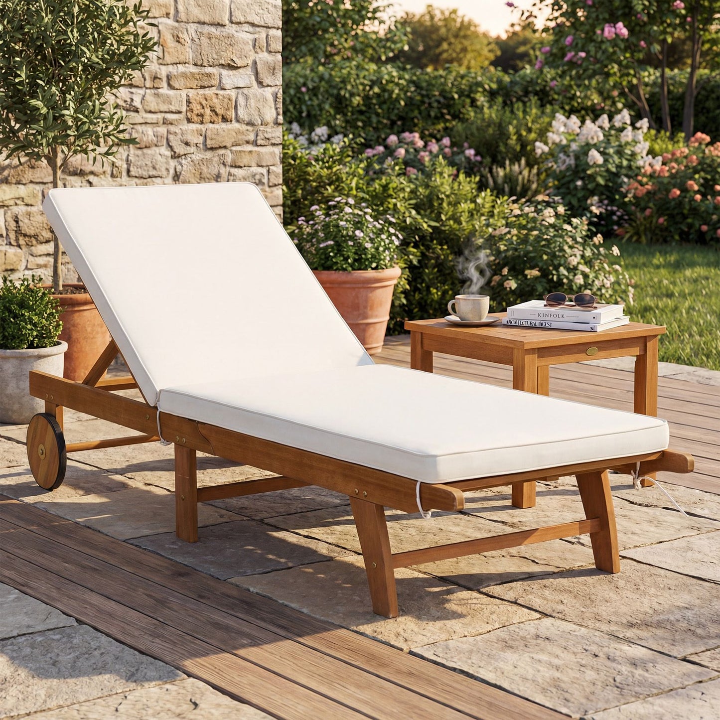 Chaise longue en bois Coast à dossier réglable - 194 x 68 x 30-90 cm - Beige/Naturel